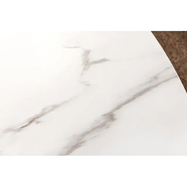 Table à manger ronde UNIQUE 120 cm – Plateau céramique blanc effet marbre & pied colonne noyer Table à manger ronde UNIQUE 120 cm – Plateau céramique blanc effet marbre & pied colonne noyer