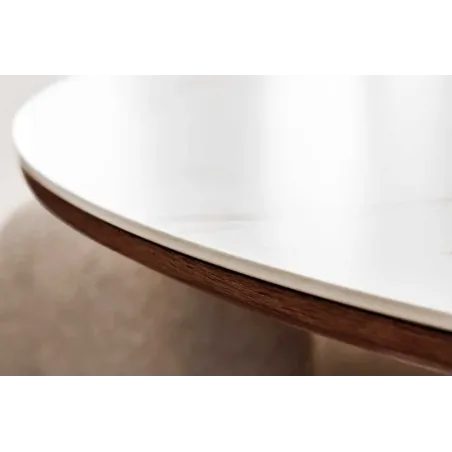 Table à manger ronde UNIQUE 120 cm – Plateau céramique blanc effet marbre & pied colonne noyer