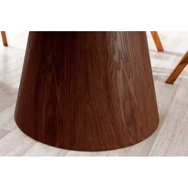 Table à manger ronde UNIQUE 120 cm – Plateau céramique blanc effet marbre & pied colonne noyer Table à manger ronde UNIQUE 120 cm – Plateau céramique blanc effet marbre & pied colonne noyer