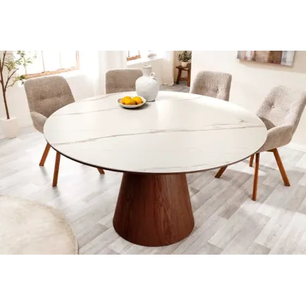 Table à manger ronde UNIQUE 120 cm – Plateau céramique blanc effet marbre & pied colonne noyer 2