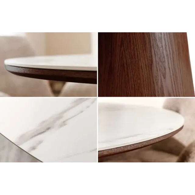 Table à manger ronde UNIQUE 120 cm – Plateau céramique blanc effet marbre & pied colonne noyer Table à manger ronde UNIQUE 120 cm – Plateau céramique blanc effet marbre & pied colonne noyer