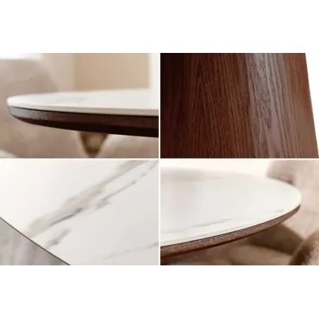 Table à manger ronde UNIQUE 120 cm – Plateau céramique blanc effet marbre & pied colonne noyer