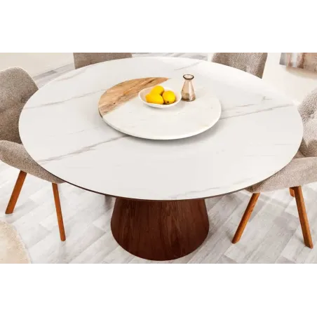 Table à manger ronde UNIQUE 120 cm – Plateau céramique blanc effet marbre & pied colonne noyer