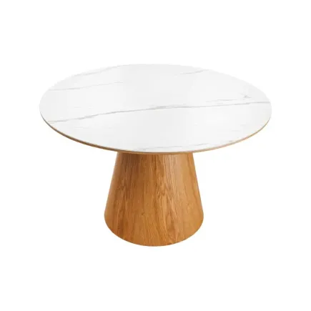 Table à manger ronde UNIQUE 120 cm – Plateau céramique blanc effet marbre & pied colonne en chêne naturel