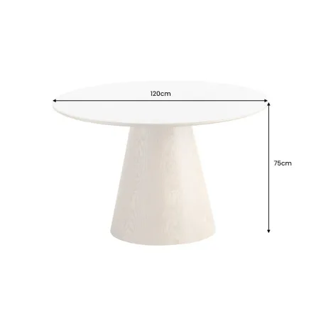 Table à manger ronde UNIQUE 120 cm – Plateau céramique blanc effet marbre & pied colonne en chêne naturel