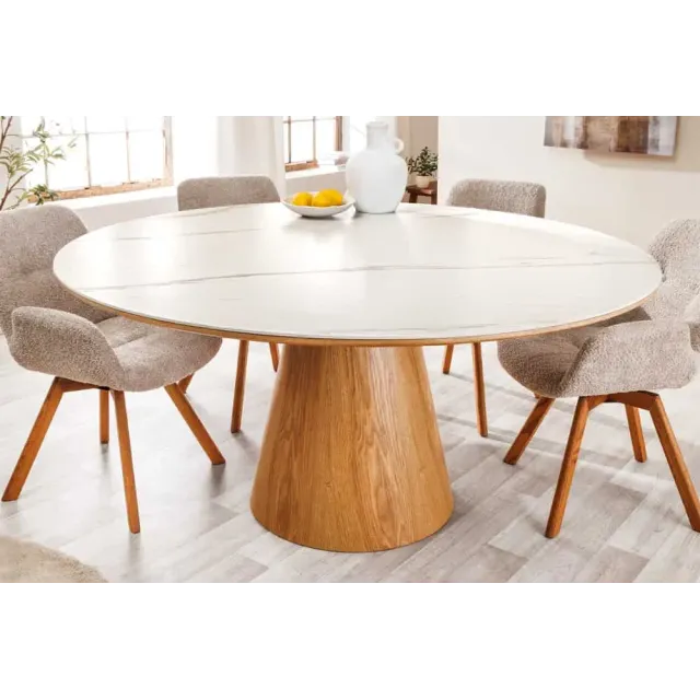 Table à manger ronde UNIQUE 120 cm – Plateau céramique blanc effet marbre & pied colonne en chêne naturel Table à manger ronde UNIQUE 120 cm – Plateau céramique blanc effet marbre & pied colonne en chêne naturel