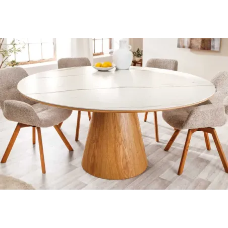 Table à manger ronde UNIQUE 120 cm – Plateau céramique blanc effet marbre & pied colonne en chêne naturel