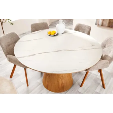 Table à manger ronde UNIQUE 120 cm – Plateau céramique blanc effet marbre & pied colonne en chêne naturel