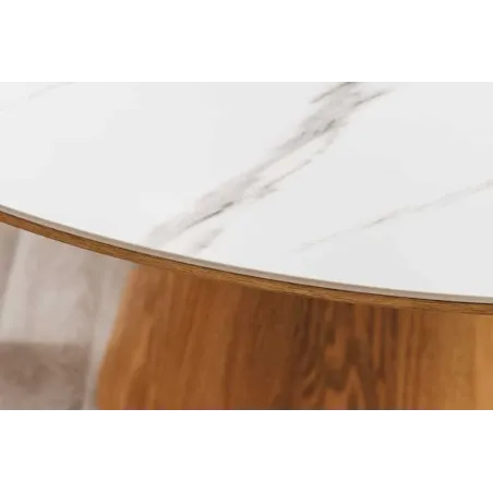 Table à manger ronde UNIQUE 120 cm – Plateau céramique blanc effet marbre & pied colonne en chêne naturel