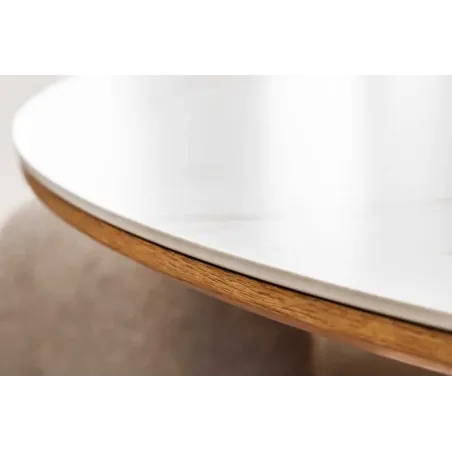 Table à manger ronde UNIQUE 120 cm – Plateau céramique blanc effet marbre & pied colonne en chêne naturel