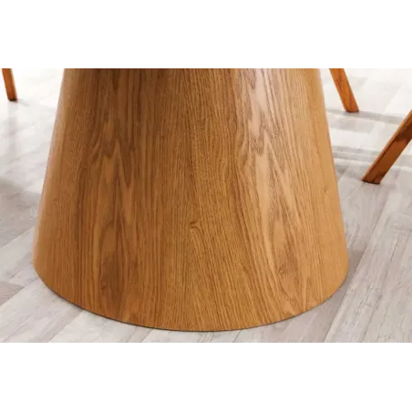 Table à manger ronde UNIQUE 120 cm – Plateau céramique blanc effet marbre & pied colonne en chêne naturel