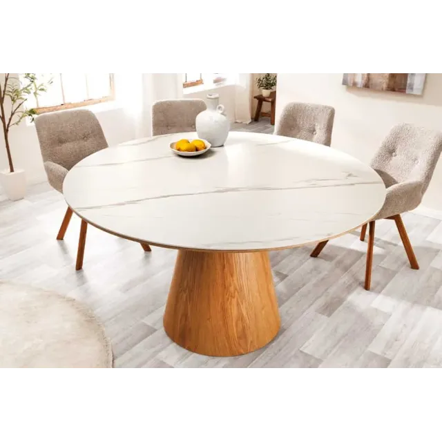 Table à manger ronde UNIQUE 120 cm – Plateau céramique blanc effet marbre & pied colonne en chêne naturel Table à manger ronde UNIQUE 120 cm – Plateau céramique blanc effet marbre & pied colonne en chêne naturel