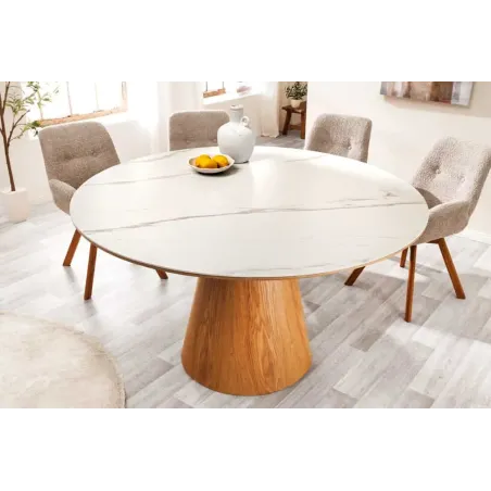 Table à manger ronde UNIQUE 120 cm – Plateau céramique blanc effet marbre & pied colonne en chêne naturel