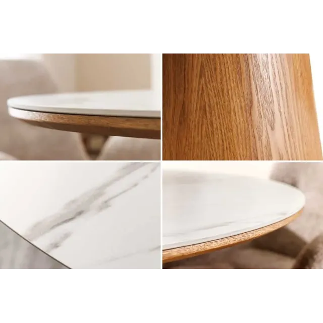 Table à manger ronde UNIQUE 120 cm – Plateau céramique blanc effet marbre & pied colonne en chêne naturel Table à manger ronde UNIQUE 120 cm – Plateau céramique blanc effet marbre & pied colonne en chêne naturel