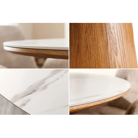 Table à manger ronde UNIQUE 120 cm – Plateau céramique blanc effet marbre & pied colonne en chêne naturel