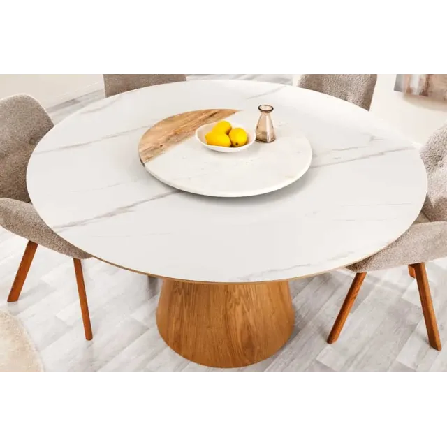 Table à manger ronde UNIQUE 120 cm – Plateau céramique blanc effet marbre & pied colonne en chêne naturel Table à manger ronde UNIQUE 120 cm – Plateau céramique blanc effet marbre & pied colonne en chêne naturel