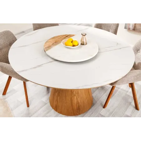 Table à manger ronde UNIQUE 120 cm – Plateau céramique blanc effet marbre & pied colonne en chêne naturel