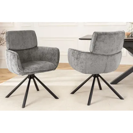 Chaise de salle à manger rétro pivotante UNIQUE – Chenille grise & piètement métal noir avec accoudoirs