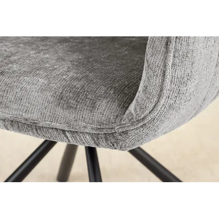 Chaise de salle à manger rétro pivotante UNIQUE – Chenille grise & piètement métal noir avec accoudoirs