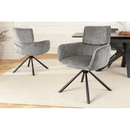 Chaise de salle à manger rétro pivotante UNIQUE – Chenille grise & piètement métal noir avec accoudoirs 2