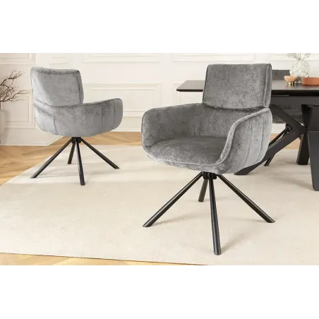 Chaise de salle à manger rétro pivotante UNIQUE – Chenille grise & piètement métal noir avec accoudoirs