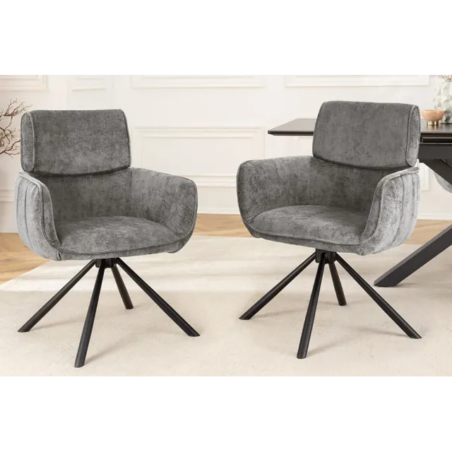 Chaise de salle à manger rétro pivotante UNIQUE – Chenille grise & piètement métal noir avec accoudoirs Chaise de salle à manger rétro pivotante UNIQUE – Chenille grise & piètement métal noir avec accoudoirs