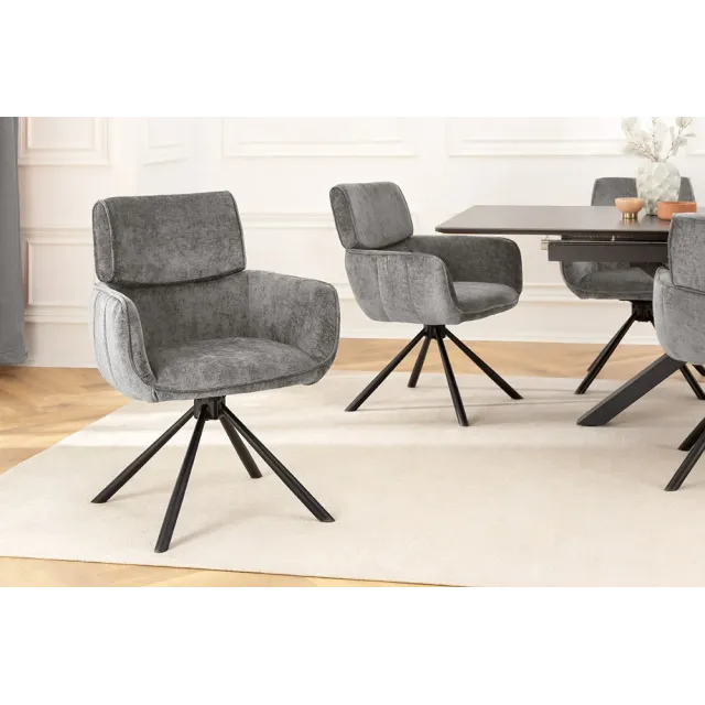 Chaise de salle à manger rétro pivotante UNIQUE – Chenille grise & piètement métal noir avec accoudoirs Chaise de salle à manger rétro pivotante UNIQUE – Chenille grise & piètement métal noir avec accoudoirs