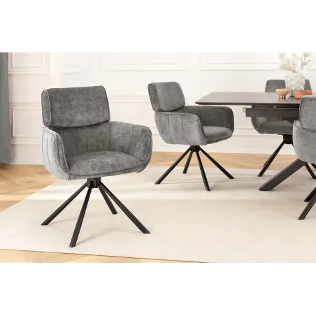 Chaise de salle à manger rétro pivotante UNIQUE – Chenille grise & piètement métal noir avec accoudoirs