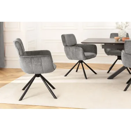 Chaise de salle à manger rétro pivotante UNIQUE – Chenille grise & piètement métal noir avec accoudoirs