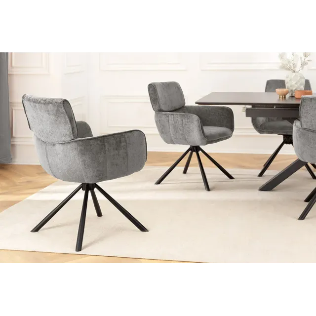 Chaise de salle à manger rétro pivotante UNIQUE – Chenille grise & piètement métal noir avec accoudoirs Chaise de salle à manger rétro pivotante UNIQUE – Chenille grise & piètement métal noir avec accoudoirs