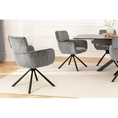 Chaise de salle à manger rétro pivotante UNIQUE – Chenille grise & piètement métal noir avec accoudoirs
