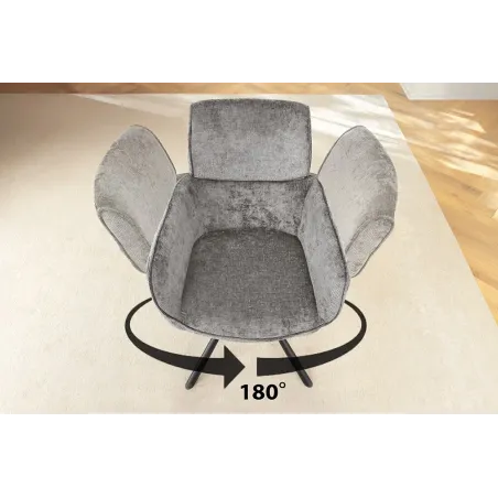 Chaise de salle à manger rétro pivotante UNIQUE – Chenille grise & piètement métal noir avec accoudoirs