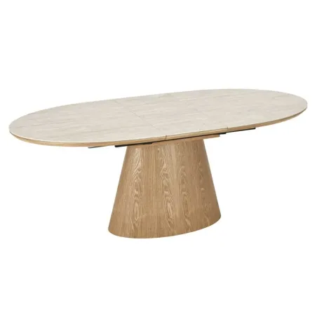 Table à manger extensible UNIQUE 160–200 cm – Plateau en céramique travertin & pied colonne en chêne naturel