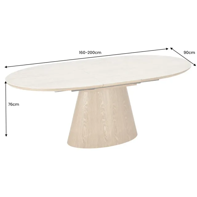 Table à manger extensible UNIQUE 160–200 cm – Plateau en céramique travertin & pied colonne en chêne naturel Table à manger extensible UNIQUE 160–200 cm – Plateau en céramique travertin & pied colonne en chêne naturel