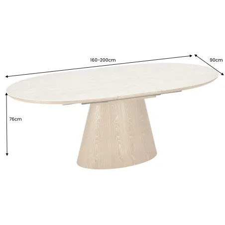 Table à manger extensible UNIQUE 160–200 cm – Plateau en céramique travertin & pied colonne en chêne naturel
