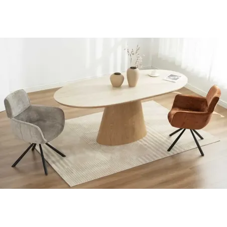 Table à manger extensible UNIQUE 160–200 cm – Plateau en céramique travertin & pied colonne en chêne naturel