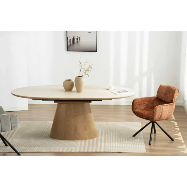 Table à manger extensible UNIQUE 160–200 cm – Plateau en céramique travertin & pied colonne en chêne naturel Table à manger extensible UNIQUE 160–200 cm – Plateau en céramique travertin & pied colonne en chêne naturel