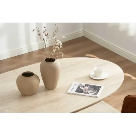 Table à manger extensible UNIQUE 160–200 cm – Plateau en céramique travertin & pied colonne en chêne naturel