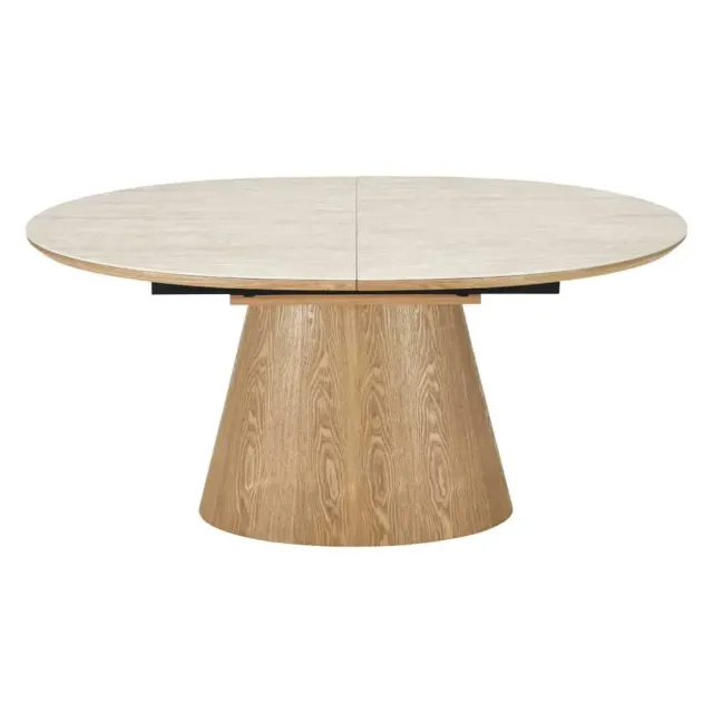 Table à manger extensible UNIQUE 160–200 cm – Plateau en céramique travertin & pied colonne en chêne naturel Table à manger extensible UNIQUE 160–200 cm – Plateau en céramique travertin & pied colonne en chêne naturel