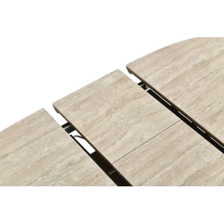 Table à manger extensible UNIQUE 160–200 cm – Plateau en céramique travertin & pied colonne en chêne naturel