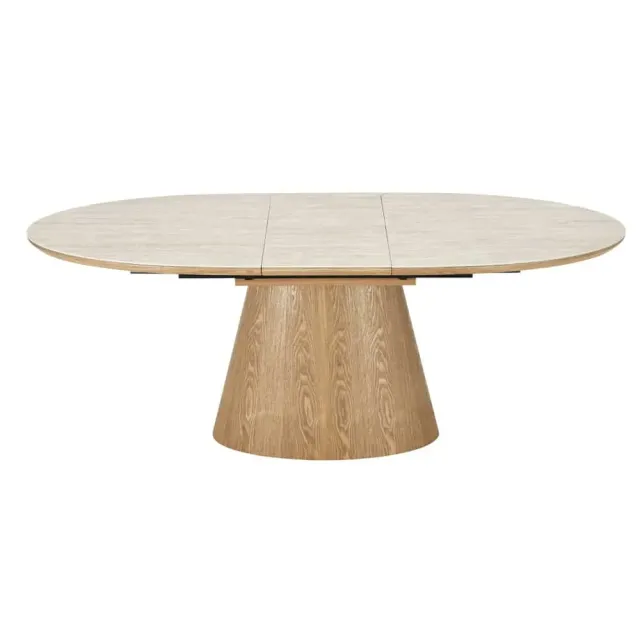 Table à manger extensible UNIQUE 160–200 cm – Plateau en céramique travertin & pied colonne en chêne naturel Table à manger extensible UNIQUE 160–200 cm – Plateau en céramique travertin & pied colonne en chêne naturel
