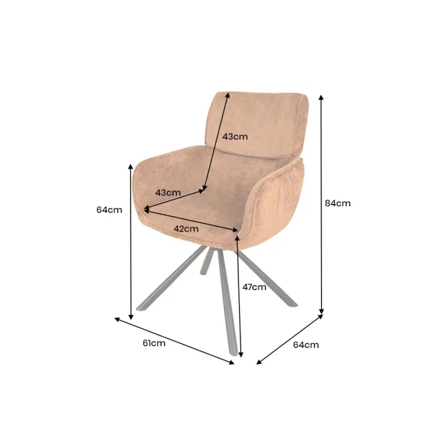 Chaise rétro pivotante UNIQUE – Revêtement chenille rouille/brun & pieds métal noir avec accoudoirs