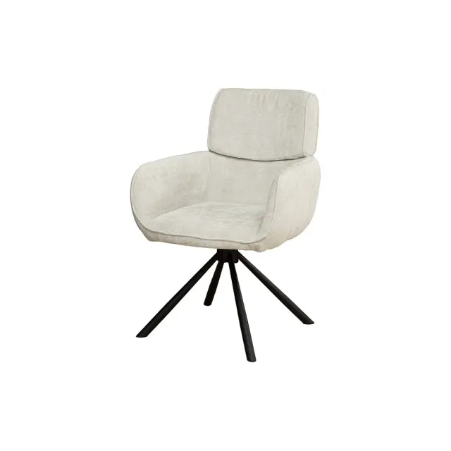 Chaise rétro pivotante UNIQUE – Revêtement chenille champagne beige & pieds métal noir avec accoudoirs