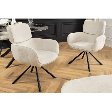 Chaise rétro pivotante UNIQUE – Revêtement chenille champagne beige & pieds métal noir avec accoudoirs