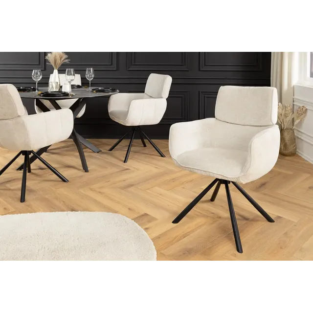 Chaise rétro pivotante UNIQUE – Revêtement chenille champagne beige & pieds métal noir avec accoudoirs