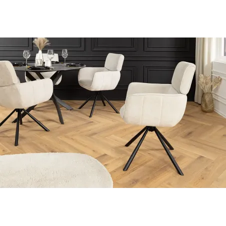Chaise rétro pivotante UNIQUE – Revêtement chenille champagne beige & pieds métal noir avec accoudoirs