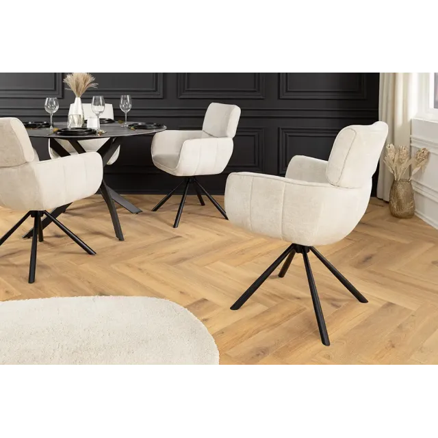 Chaise rétro pivotante UNIQUE – Revêtement chenille champagne beige & pieds métal noir avec accoudoirs