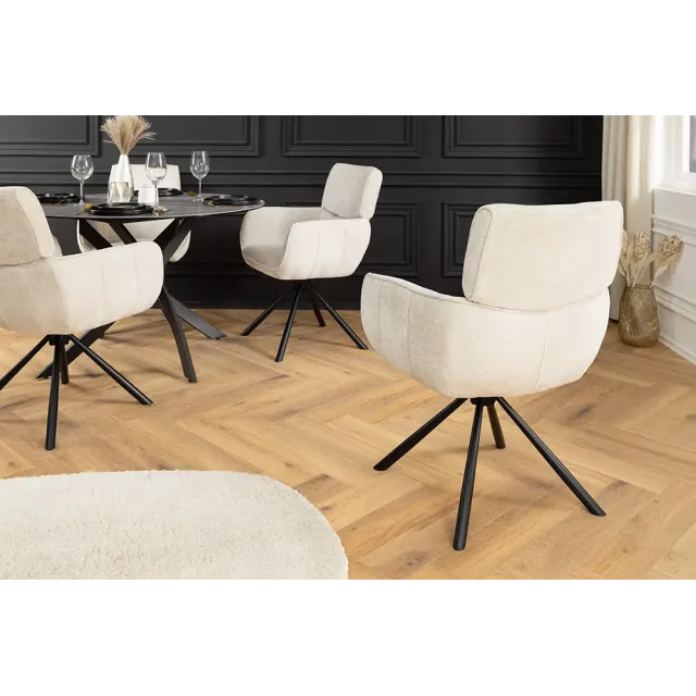 Chaise rétro pivotante UNIQUE – Revêtement chenille champagne beige & pieds métal noir avec accoudoirs