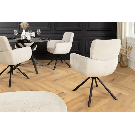 Chaise rétro pivotante UNIQUE – Revêtement chenille champagne beige & pieds métal noir avec accoudoirs