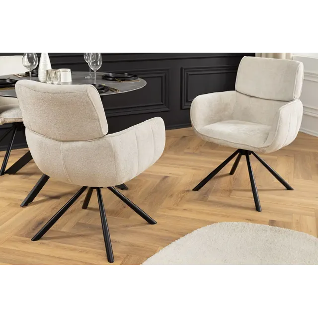Chaise rétro pivotante UNIQUE – Revêtement chenille champagne beige & pieds métal noir avec accoudoirs